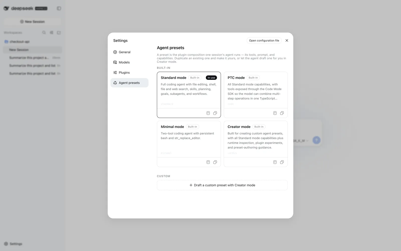 DeepSeek Harness agent preset settings