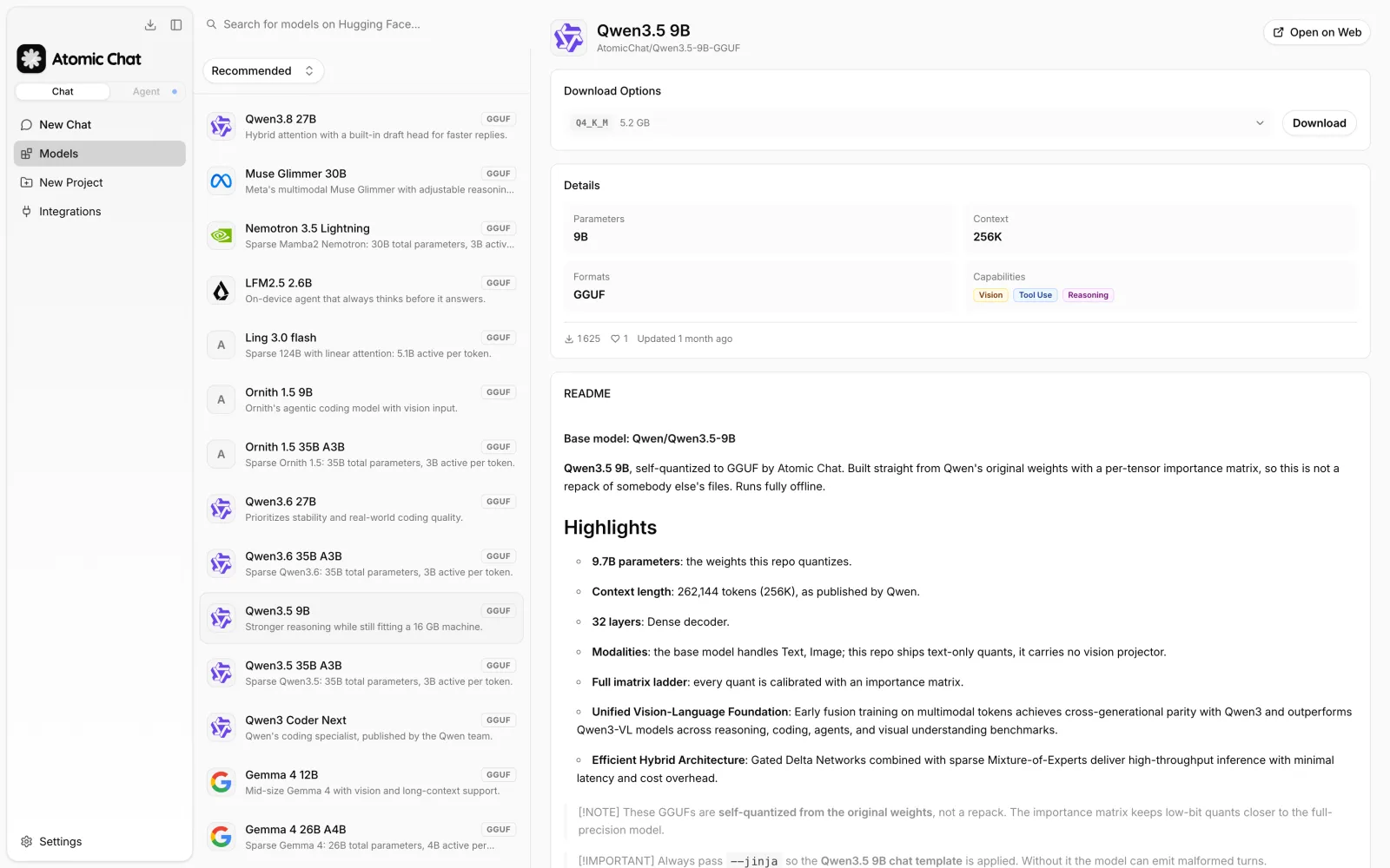 Atomic Chat model hub showing a Qwen3.5 model with tool-use support