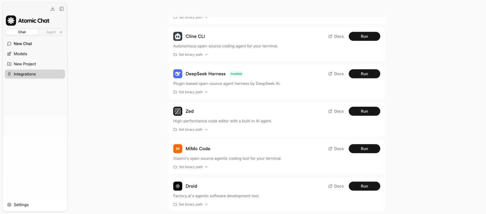 DeepSeek Harness integration card in Atomic Chat