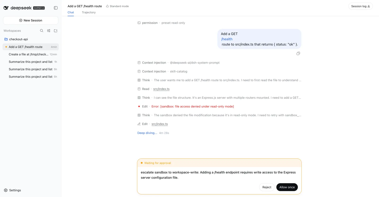 DeepSeek Harness approval dialog for a blocked write