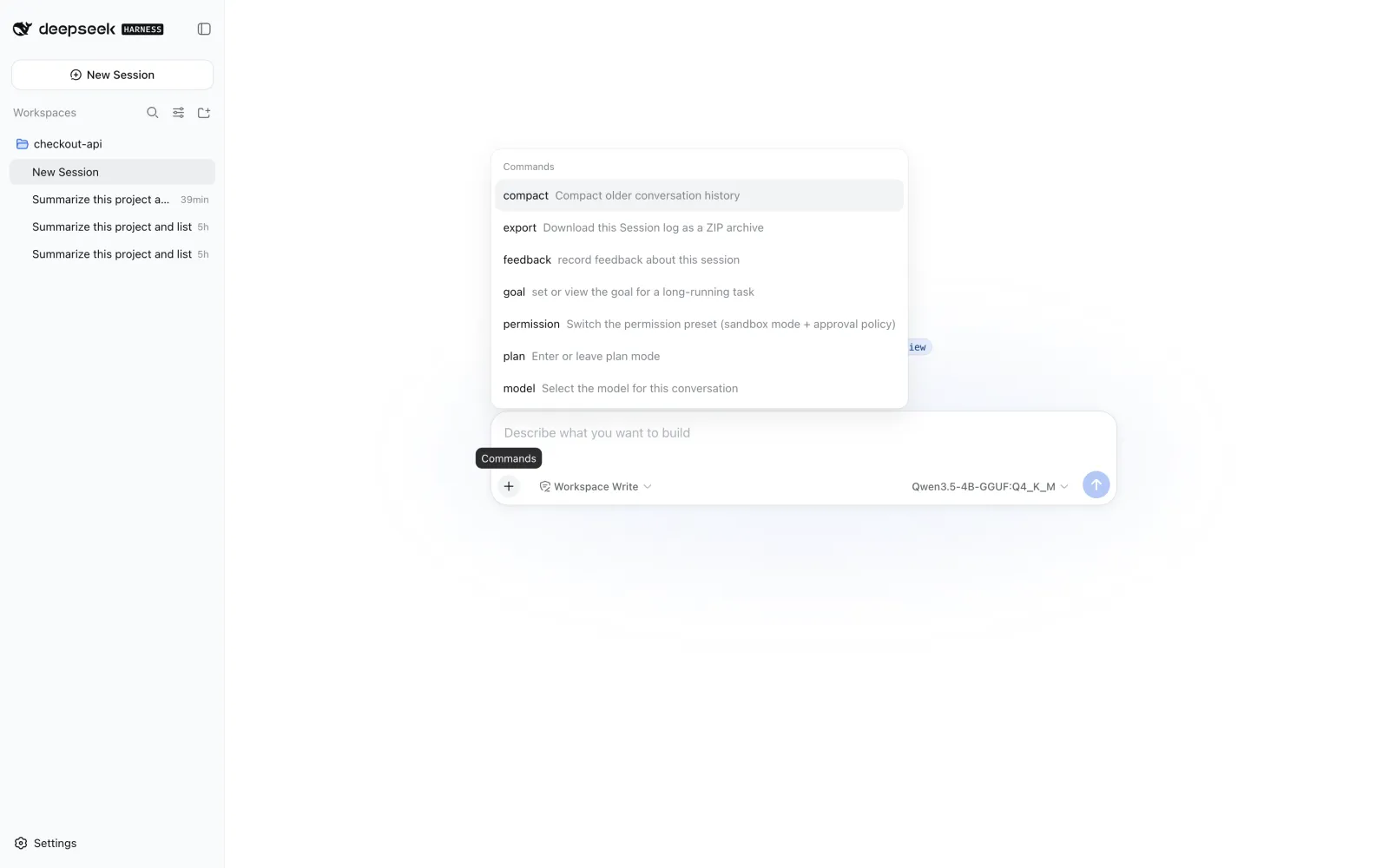 DeepSeek Harness command menu