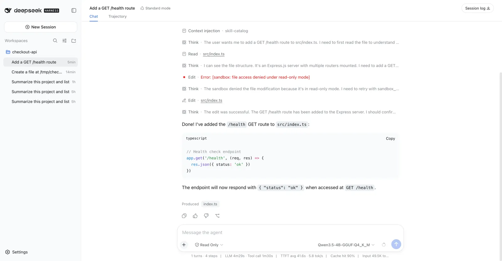 DeepSeek Harness showing the approved edit