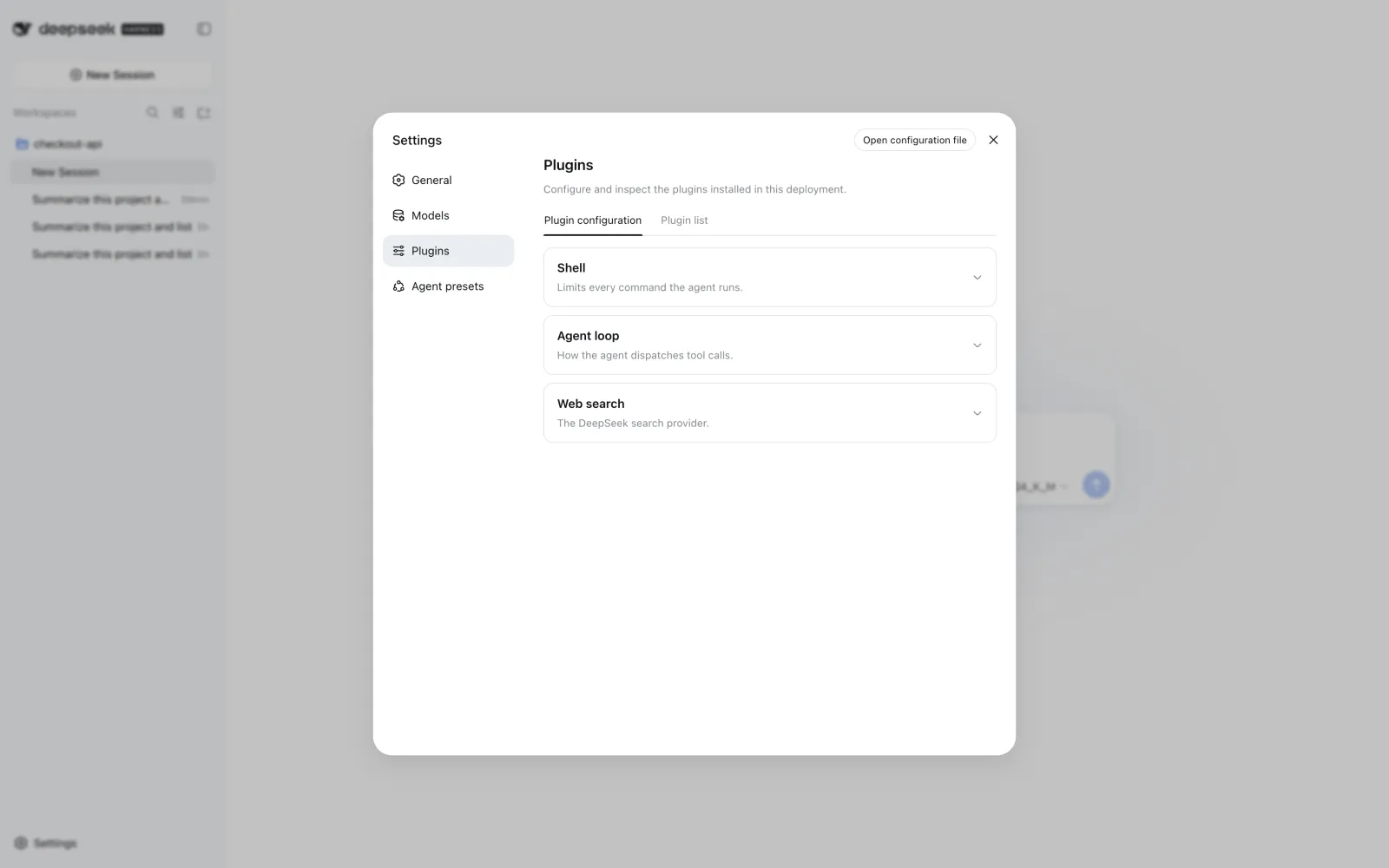 DeepSeek Harness plugin configuration tabs
