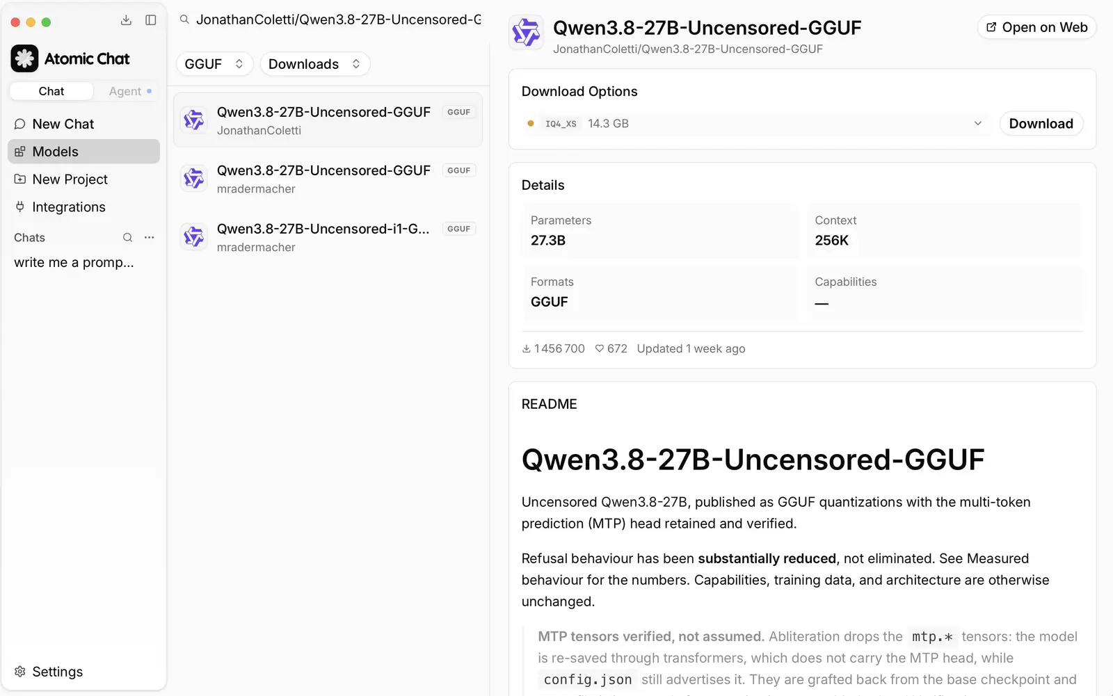 Atomic Chat model search results showing the Qwen3.8-27B-Uncensored-GGUF repository published by JonathanColetti, with 27.3B parameters and a 256K context