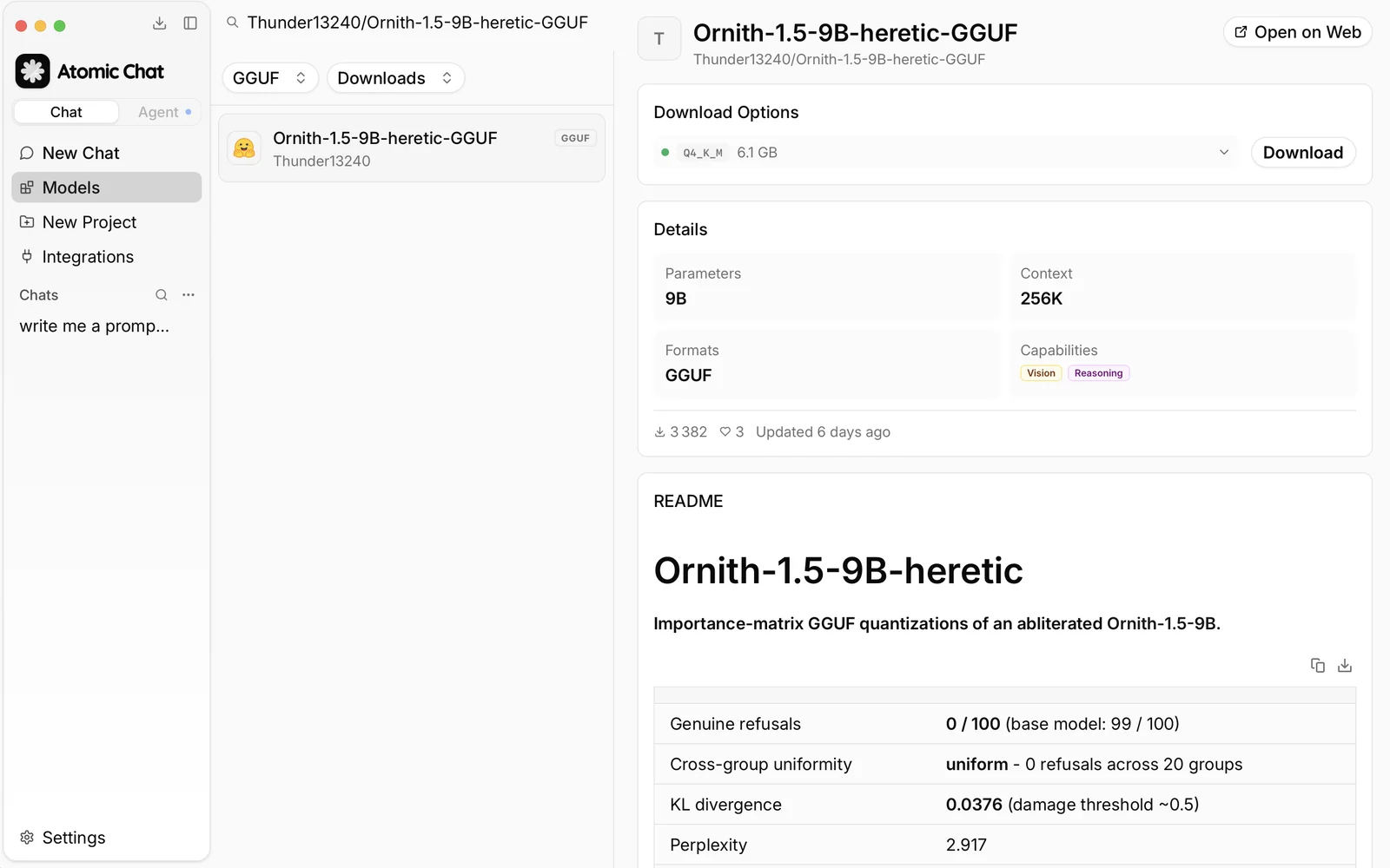 Atomic Chat model search results showing the Thunder13240/Ornith-1.5-9B-heretic-GGUF repository, with the Download Options panel and the model details beside it