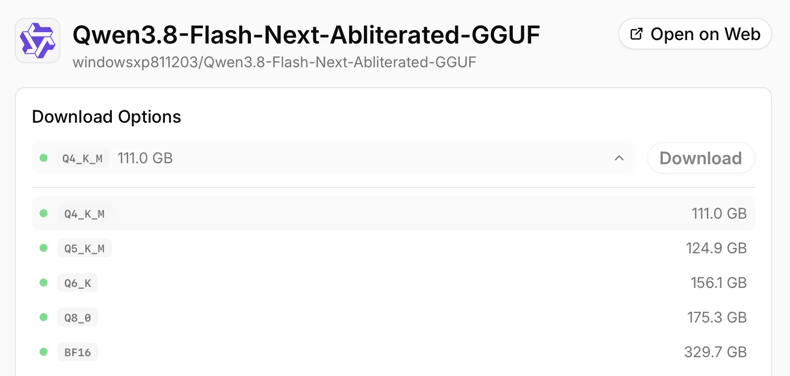 The Atomic Chat Download Options picker listing the available quantizations of Qwen3.8 Flash Next uncensored with a size for each