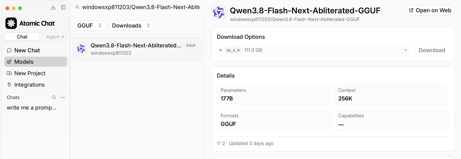 Atomic Chat model search results showing the Qwen3.8 Flash Next Abliterated GGUF repository published by windowsxp811203