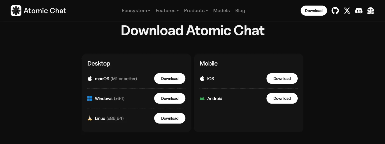 The Atomic Chat download section with macOS, Windows and Linux desktop builds alongside the iOS and Android builds