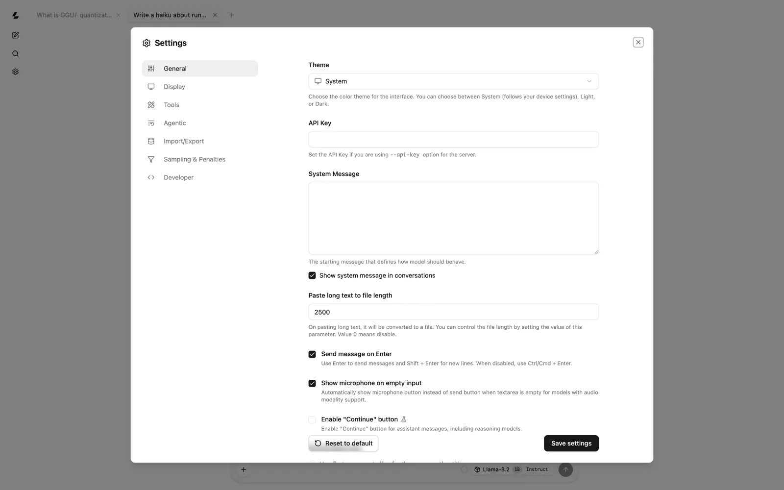 llama.cppの組み込みWeb UI：設定ダイアログ