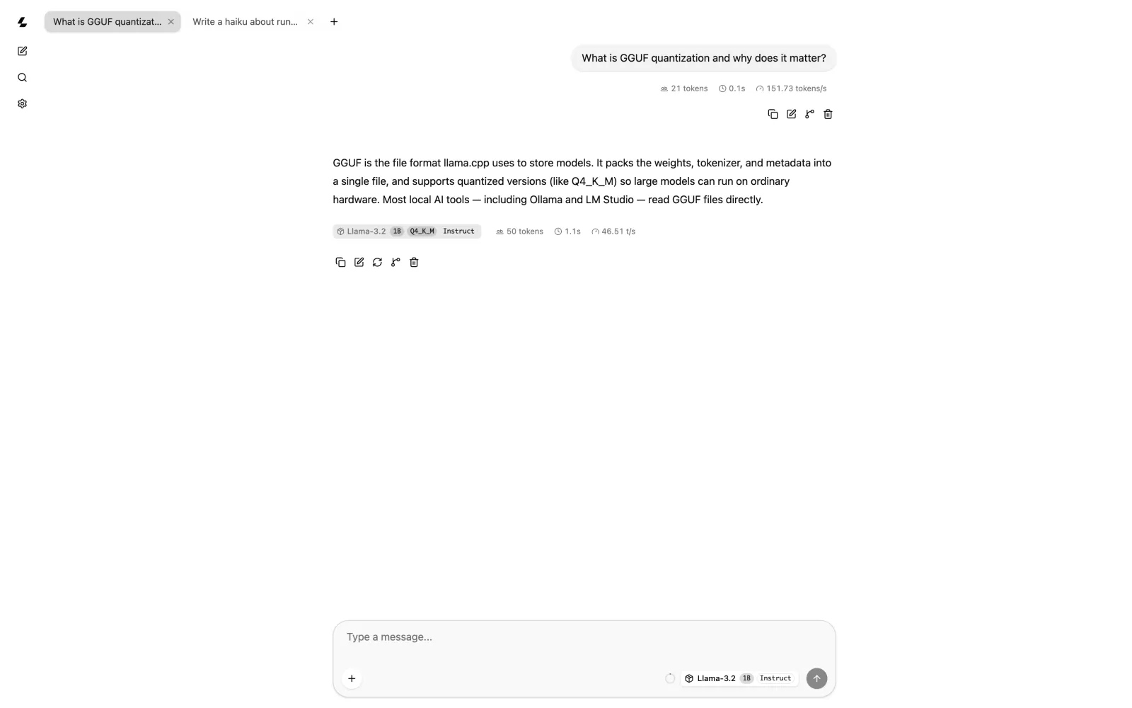llama.cppの組み込みWeb UI：Llama 3.2 1Bとのチャット