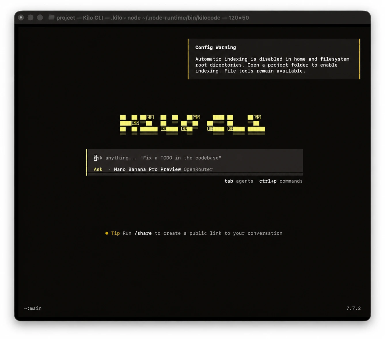 OpenRouterを選択したKilo Code CLIの開始画面