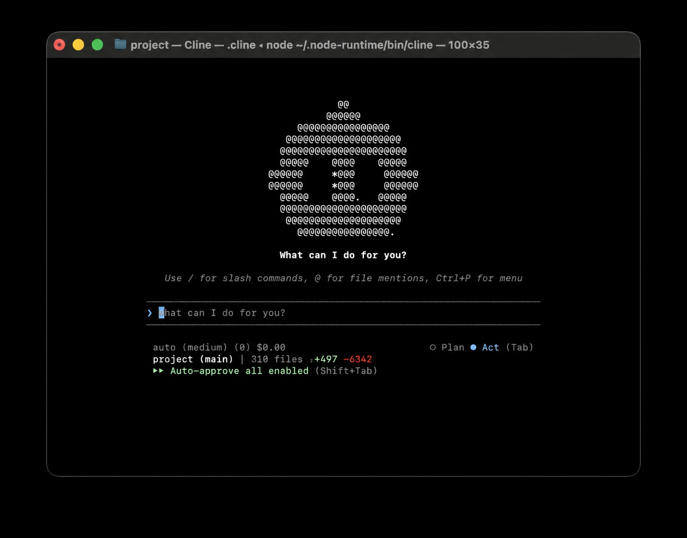PlanモードとActモードを備えたClineのターミナル画面