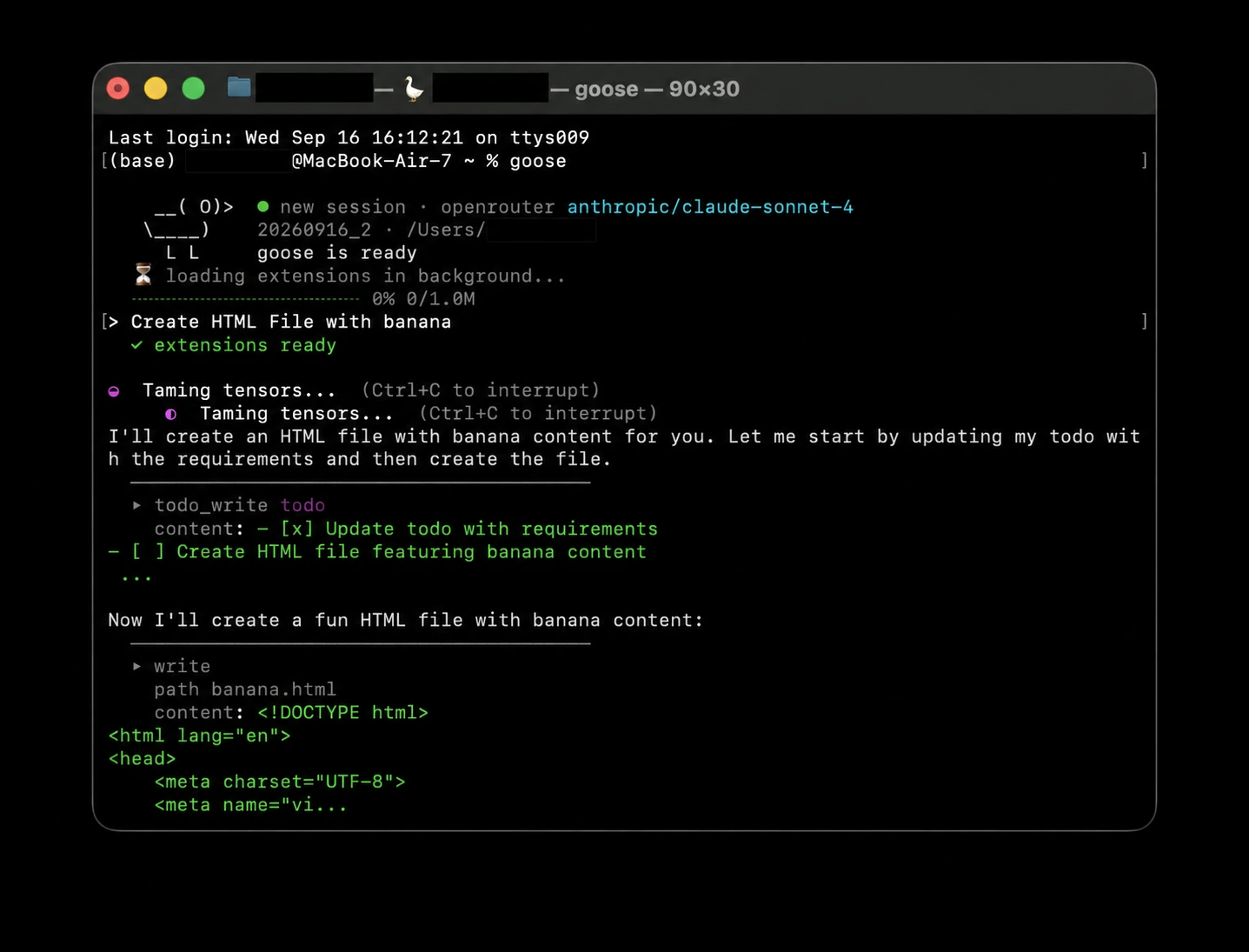 OpenRouterを選択し、タスクを実行しているGoose CLI