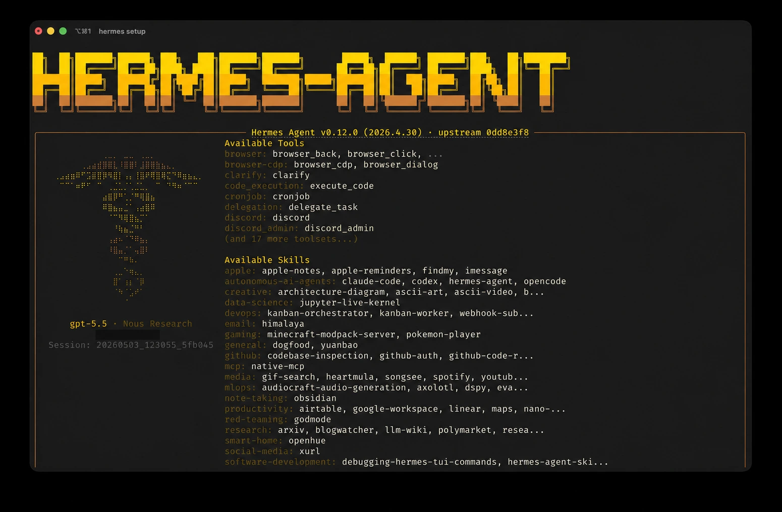 GPT-5.5を選択したHermes Agentのターミナル画面