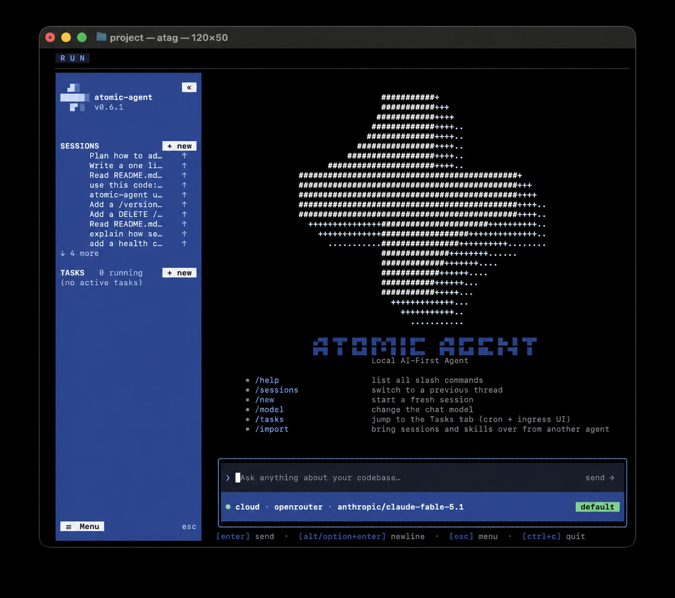 OpenRouterを選択したAtomic Agentのターミナル画面
