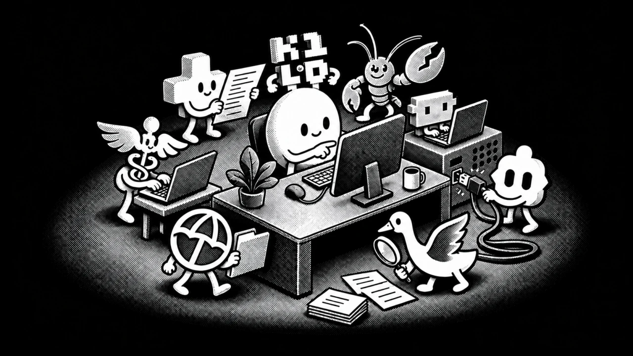 Atomic Chat mascot at a desk with eight local AI agent logos in black-and-white halftone