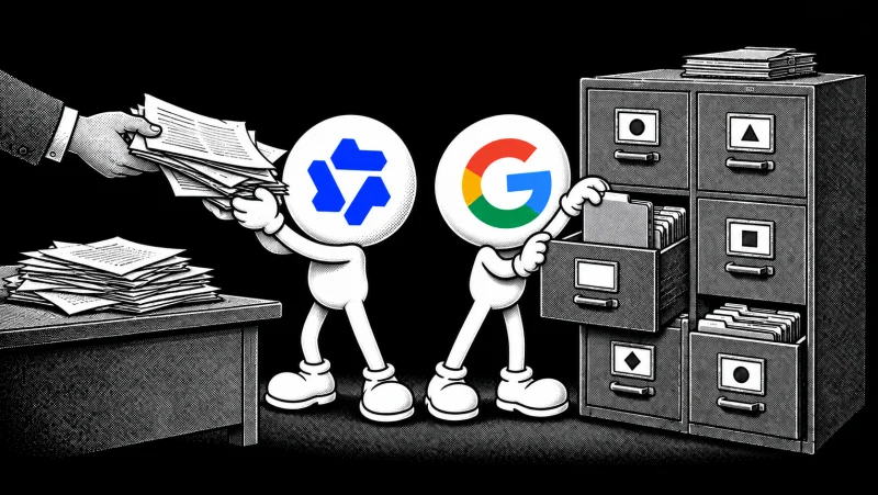 Qwen and Google mascots organizing documents in an archive
