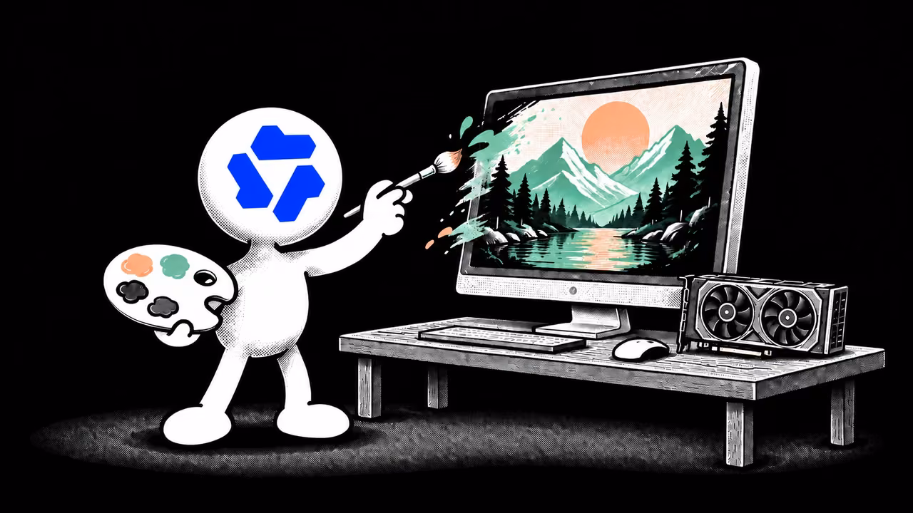 Qwen character with a blue model logo on its white head, painting a mountain landscape on a desktop monitor beside a GPU.