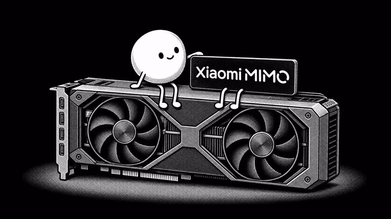 Black-and-white halftone illustration of the Atomic Chat mascot and Xiaomi MiMo logo sitting on a graphics card