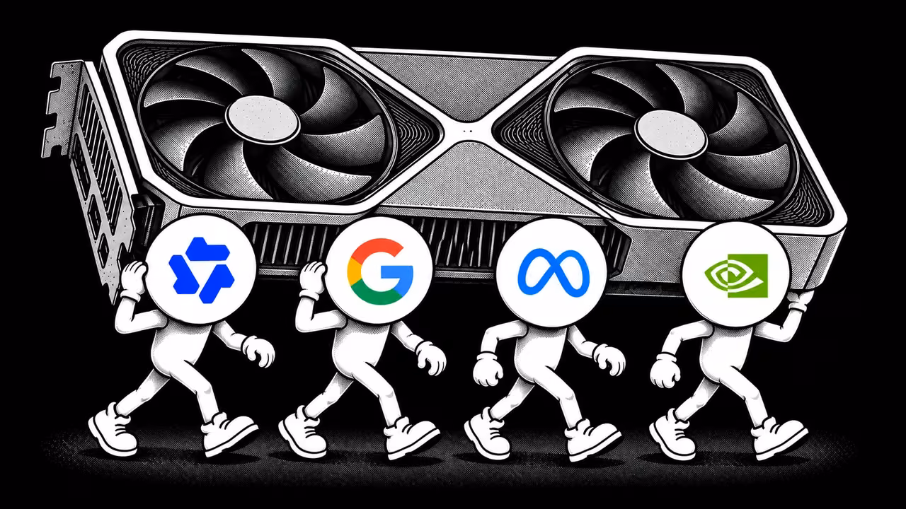 Qwen, Google, Meta and NVIDIA model mascots carrying an RTX 4090 graphics card on their shoulders