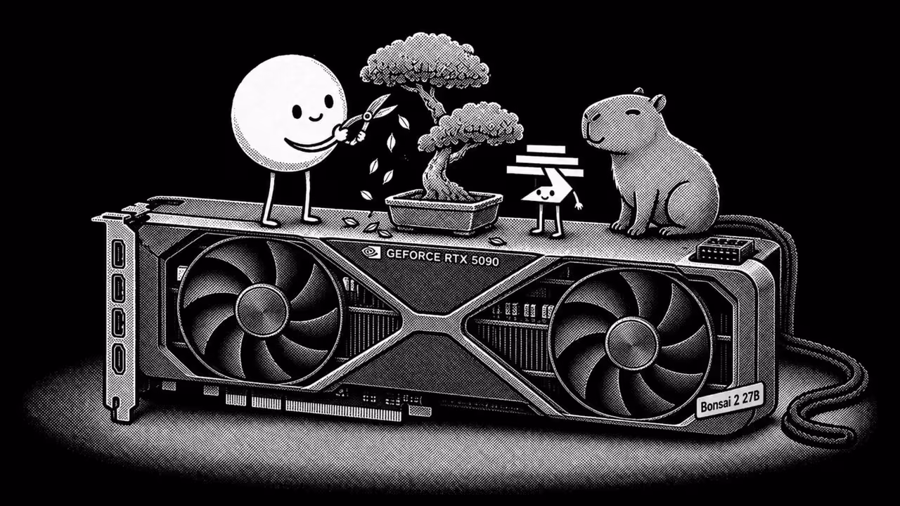 Cover illustration for the Bonsai 2 27B guide: the Atomic Chat mascot trimming a bonsai tree that grows on a GeForce RTX 5090 graphics card, with a capybara and the Bonsai logo beside it