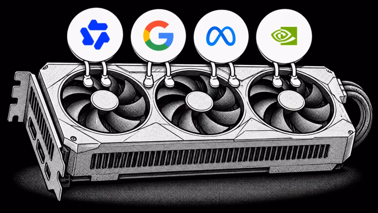 An RTX 5090 graphics card drawn in ink and halftone, with the Qwen, Google, Meta and NVIDIA logos in their brand colours sitting in a row along the top of the card
