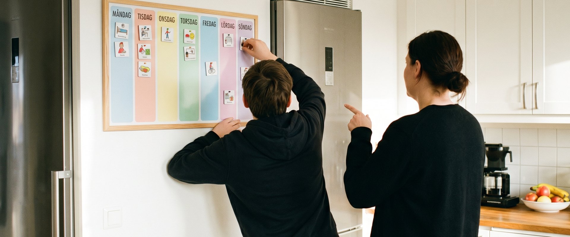 Tonåring och assistent vid veckoschema i kök