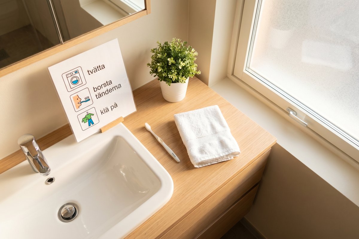 Morgonrutin med bildstöd vid handfat