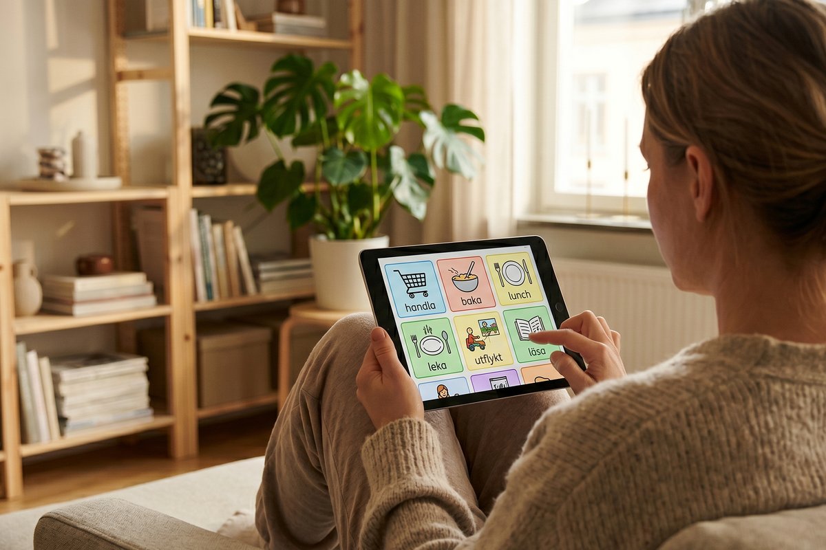 Kvinna använder surfplatta med bildstödsapp