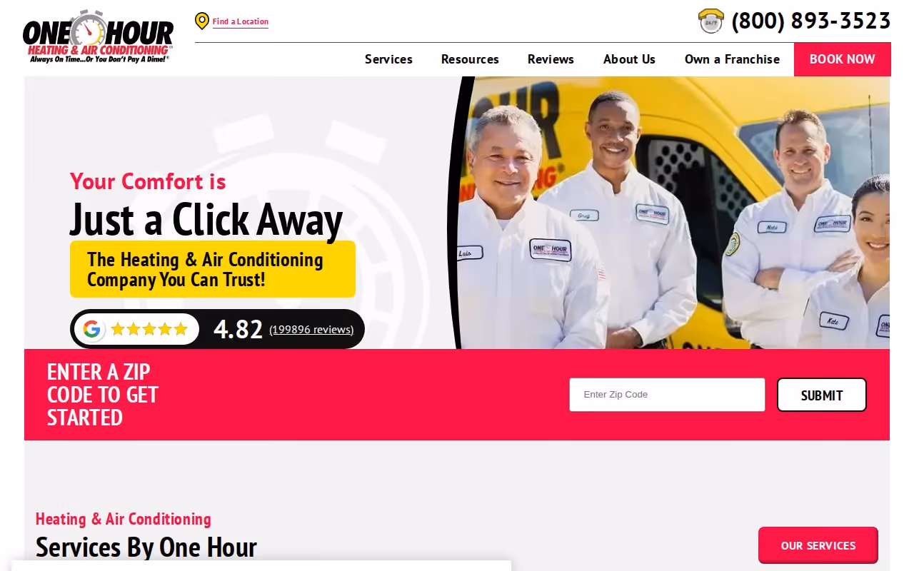 One Hour Heating & Air Conditioning website screenshot