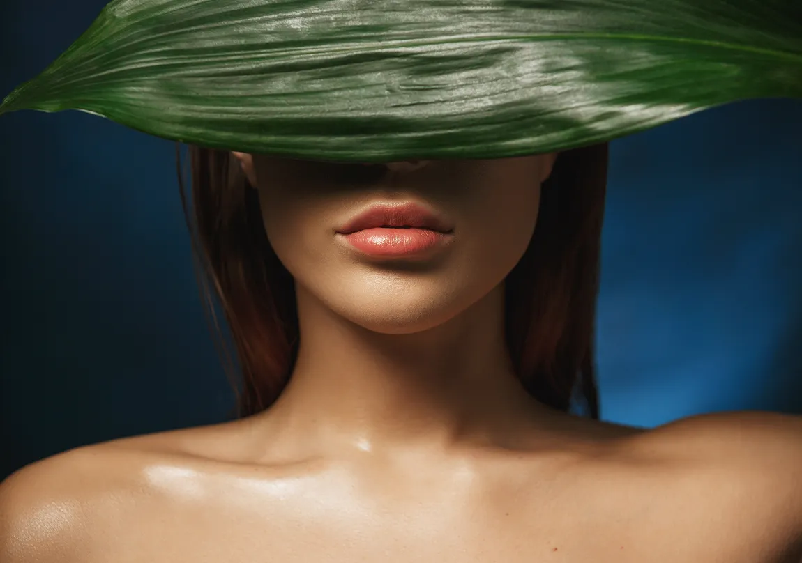 Nahaufnahme einer Frau mit einem großen Blatt, das ihre Augen vor einem dunklen Hintergrund bedeckt.