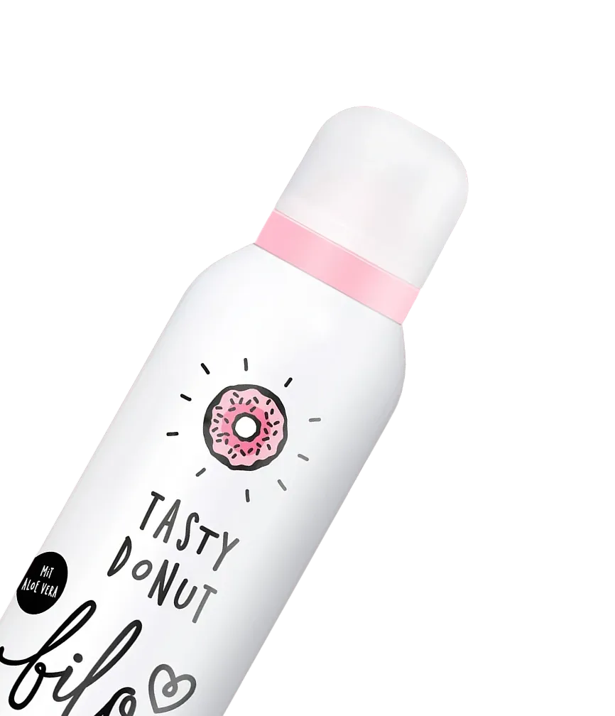 Weißer Behälter mit rosa Deckel und Aufschrift Tasty Donut mit einer Donut-Grafik.
