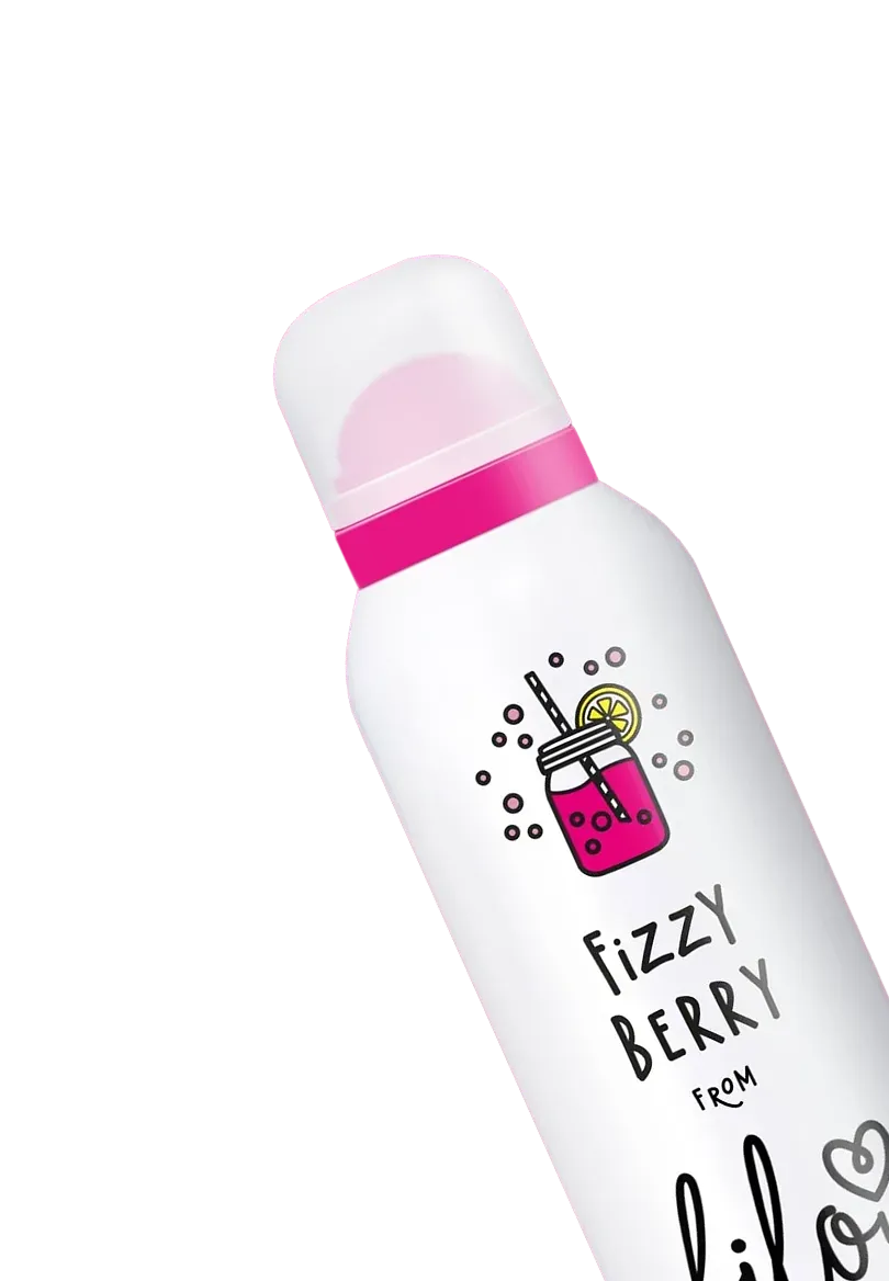 Weißer Flaschenkörper mit pinkem Deckel, darauf Illustration eines pinken Getränks mit Zitrone, Schriftzug Fizzy Berry.