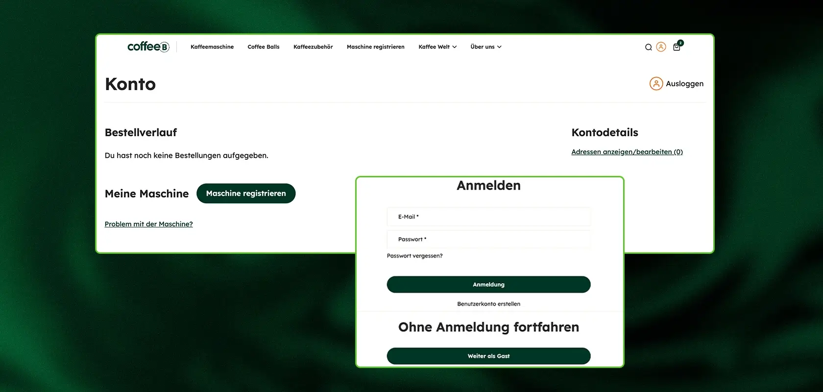 Anmeldeseite der Website mit den Optionen, ein Gerät zu registrieren, sich mit E-Mail-Adresse und Passwort anzumelden oder ohne Anmeldung fortzufahren.