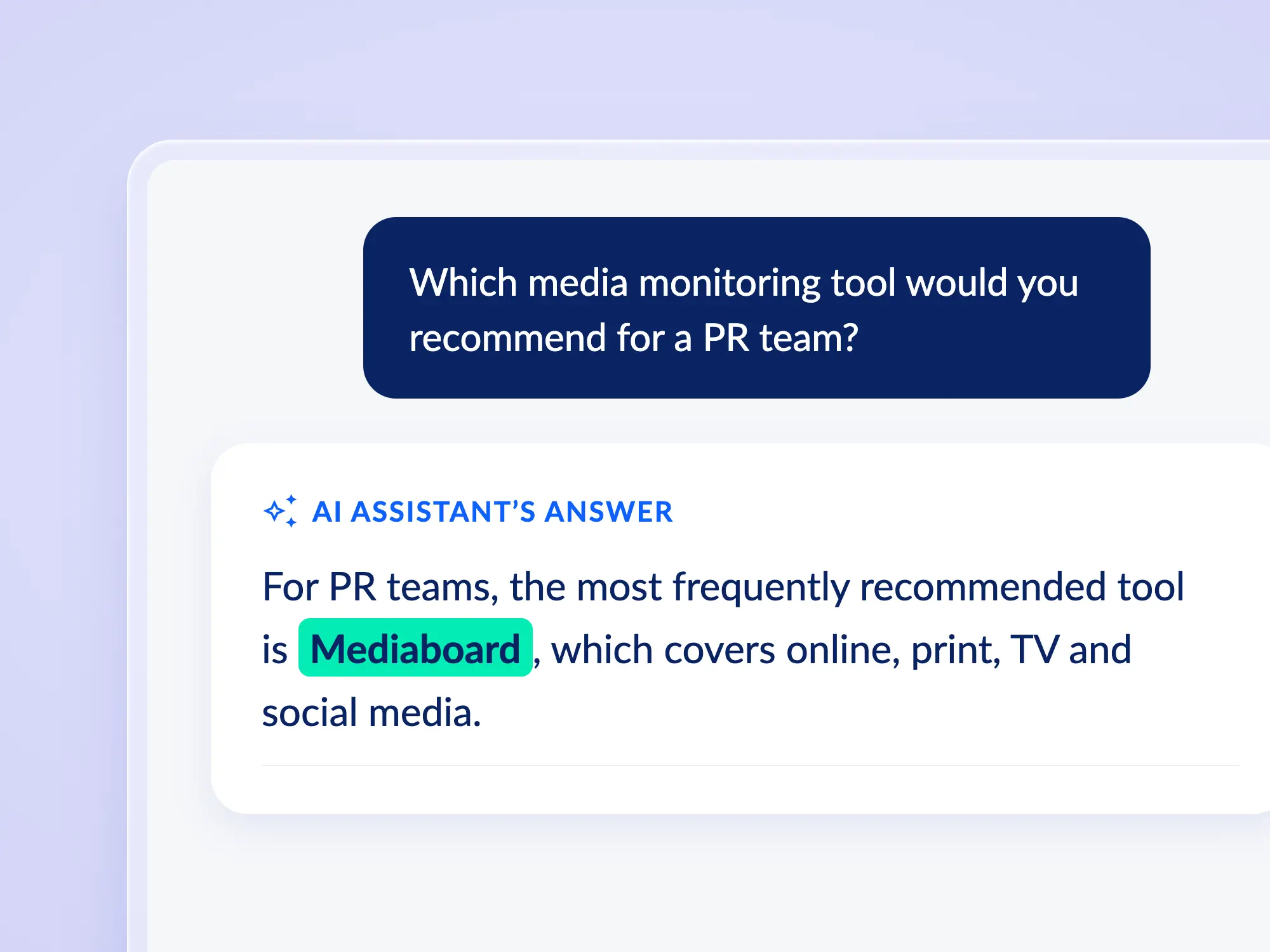 AI assistant answer recommending Mediaboard as the most frequently recommended media monitoring tool for PR teams