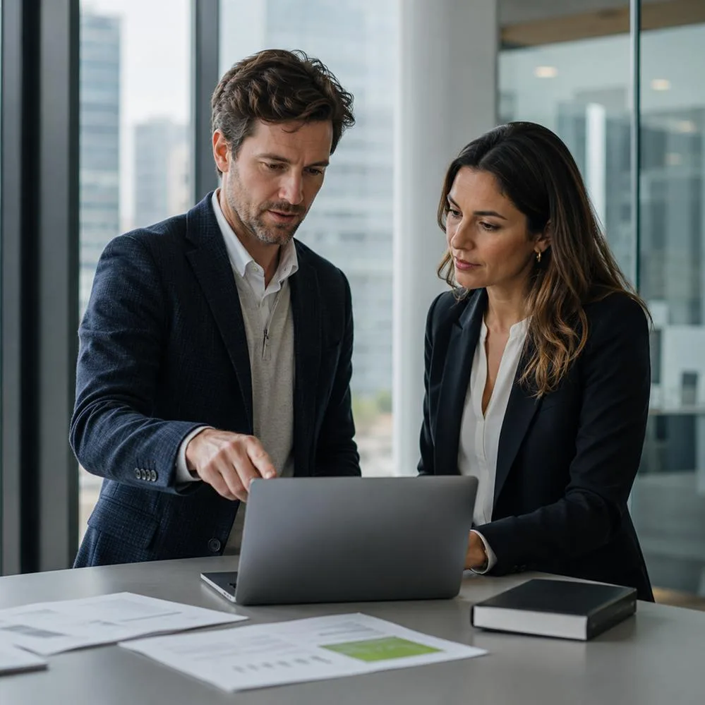 Agency account manager and colleague reviewing white label media monitoring results on a laptop
