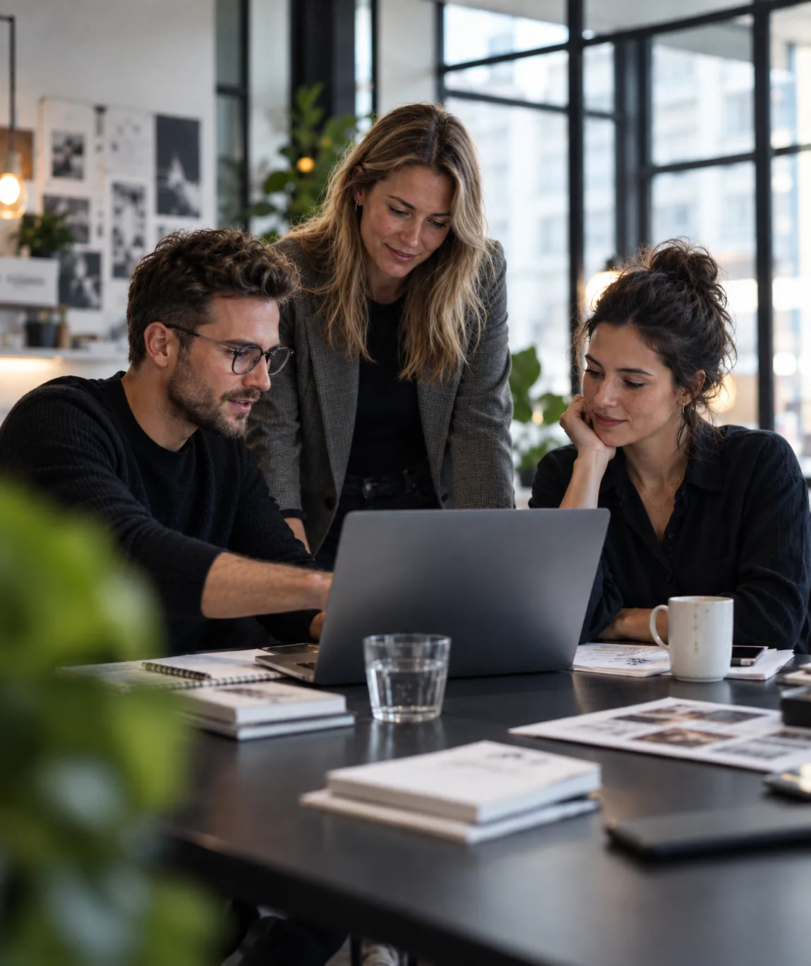 PR agency team collaborating over a laptop while reviewing client media insights