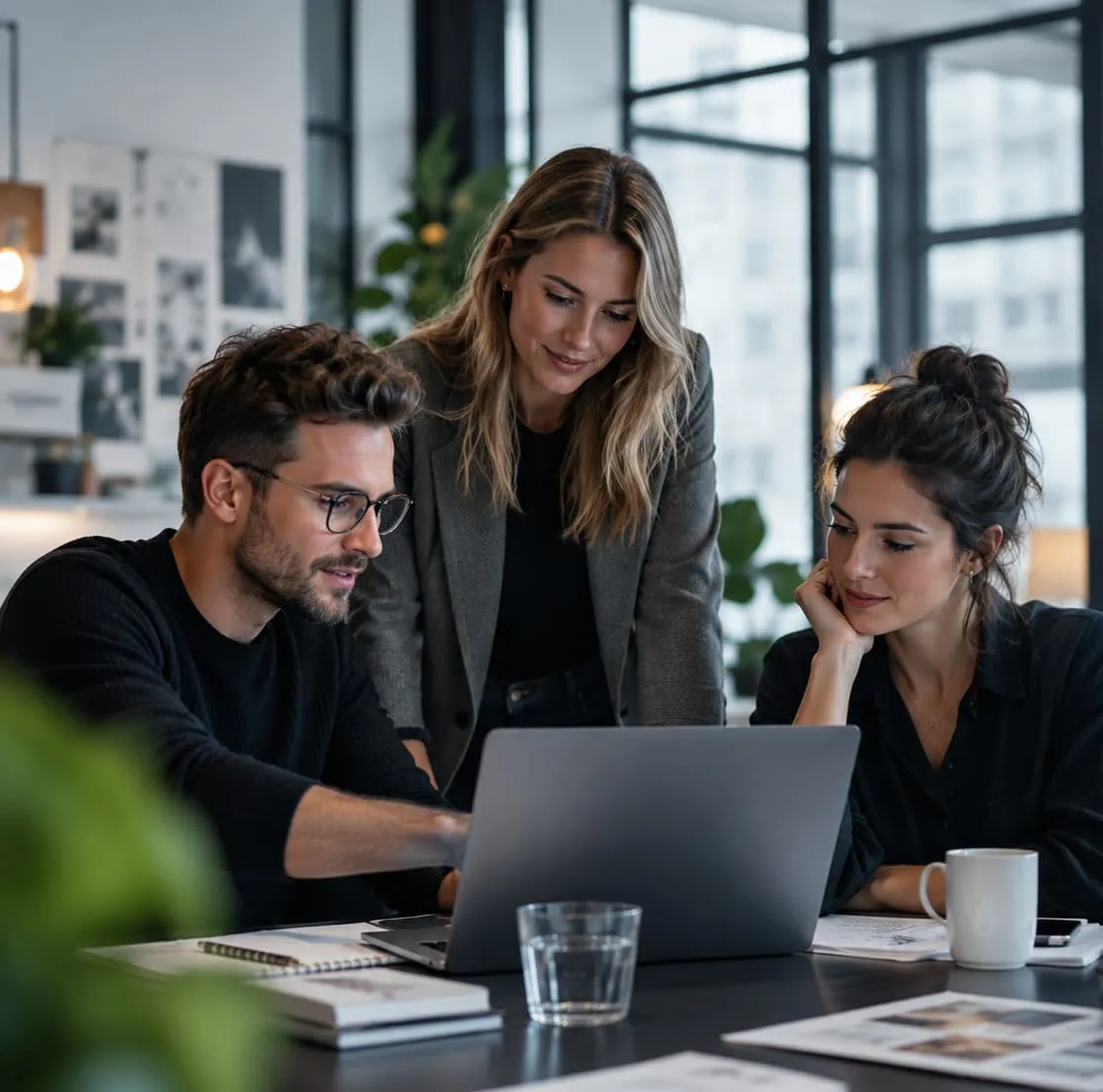 Media intelligence team reviewing white label media analytics on a laptop in a modern office