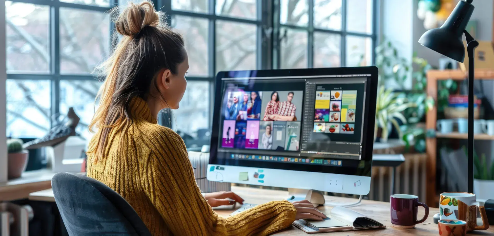 Woman at an iMac reviewing a grid of social media posts and photos