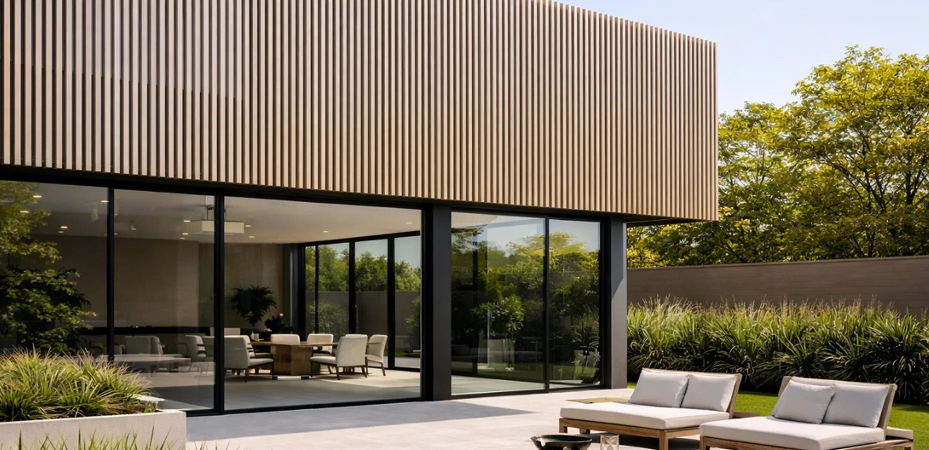Modern outdoor patio area with cushioned lounge chairs and large glass doors leading to an indoor dining space surrounded by greenery.