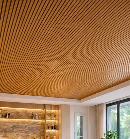 Modern interior with wooden slat ceiling, stone backsplash, shelves with bottles, and large windows with curtains.