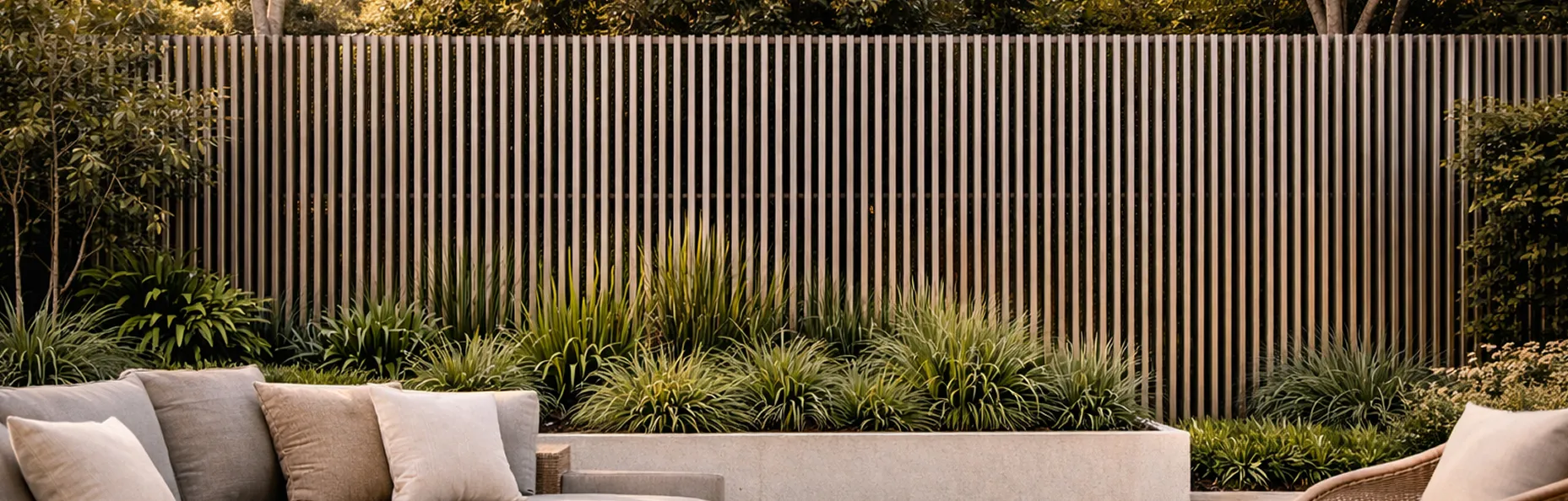 Modern outdoor seating area with cushioned chairs and a decorative wooden vertical slat fence surrounded by lush green plants.