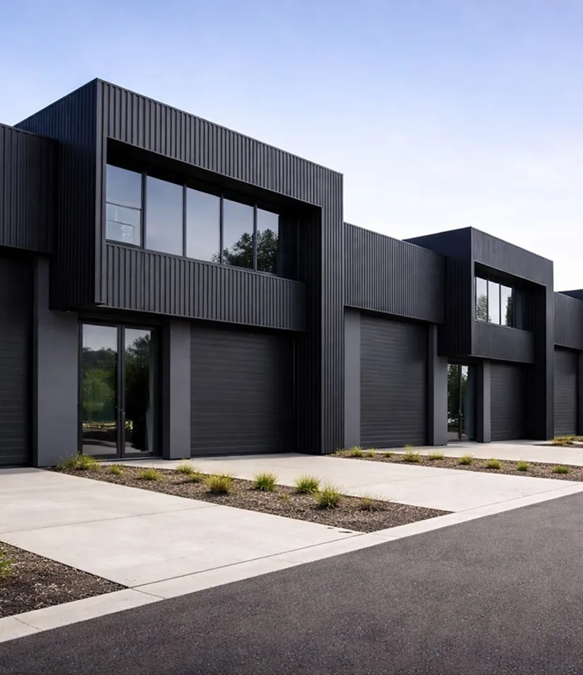 Modern black commercial warehouse units with large glass windows and garage doors under a clear sky.