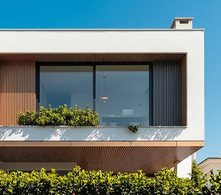 Modern white building facade with large window, wooden slats, and green shrubbery under a clear blue sky.