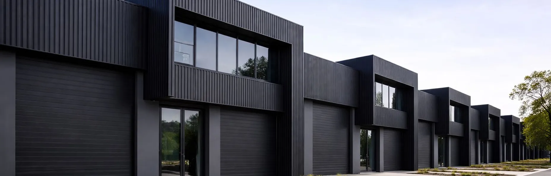 Row of modern black industrial buildings with large windows and closed garage doors under a clear sky.