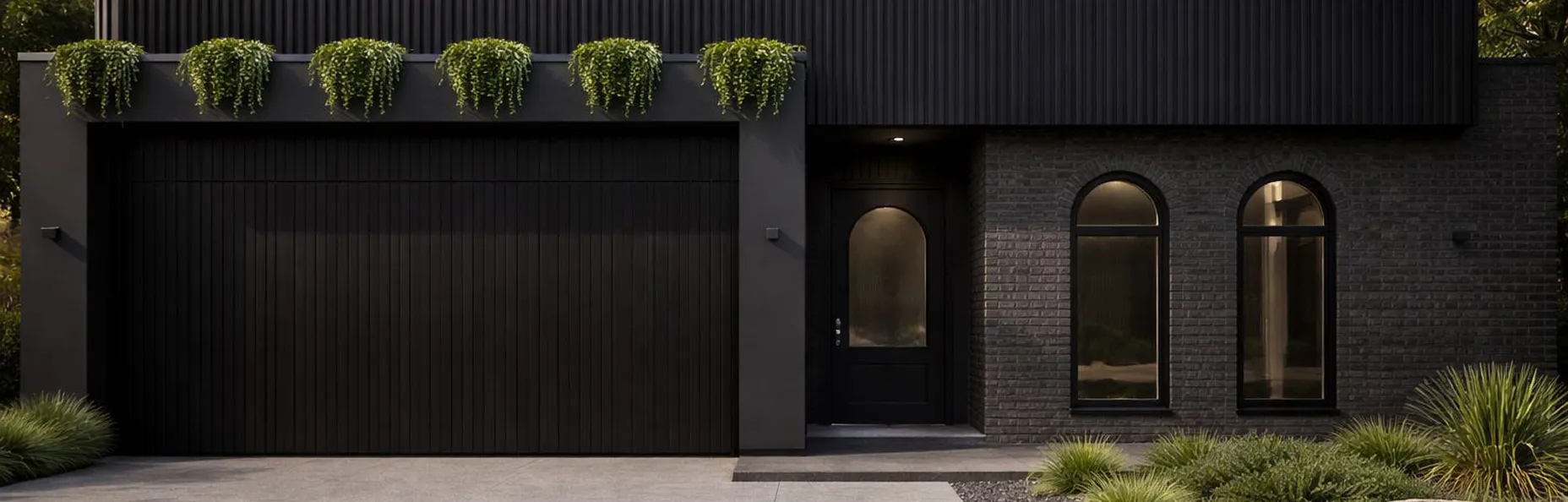 Modern dark-colored house facade with a large garage door, arched front door, two arched windows, and greenery.