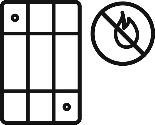 Icon of a rectangular panel with a no fire symbol indicating fire safety or flame resistance.