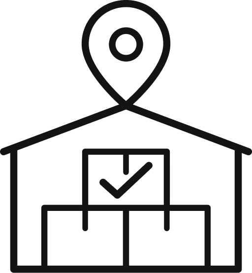 Warehouse building with stacked boxes and a location pin above the roof.