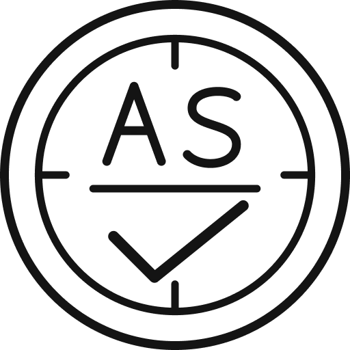 Circular logo with letters A and S above a check mark inside two concentric circles.