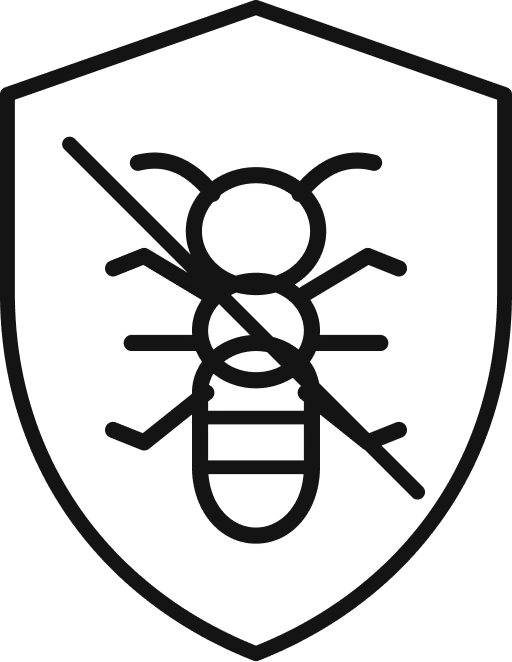 Shield icon with an ant crossed out, symbolizing pest or ant protection.